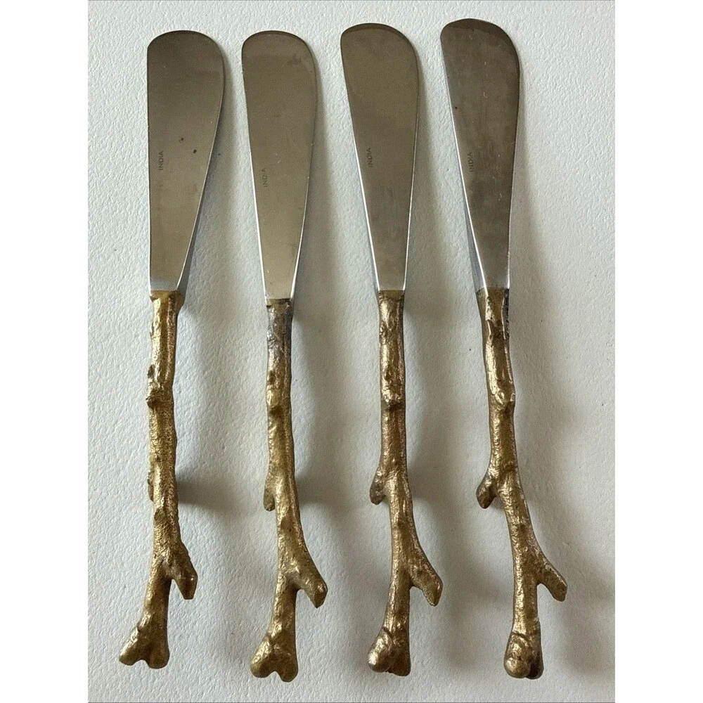 VTG Brass Tone Branch Twig Silverware Spreader Set 4 Flatware (read)